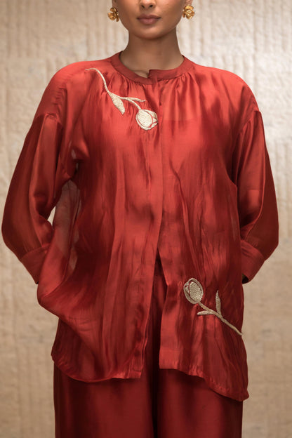 EEDA ZARDOZI TULIP COLLAR SILK SHIRTSET