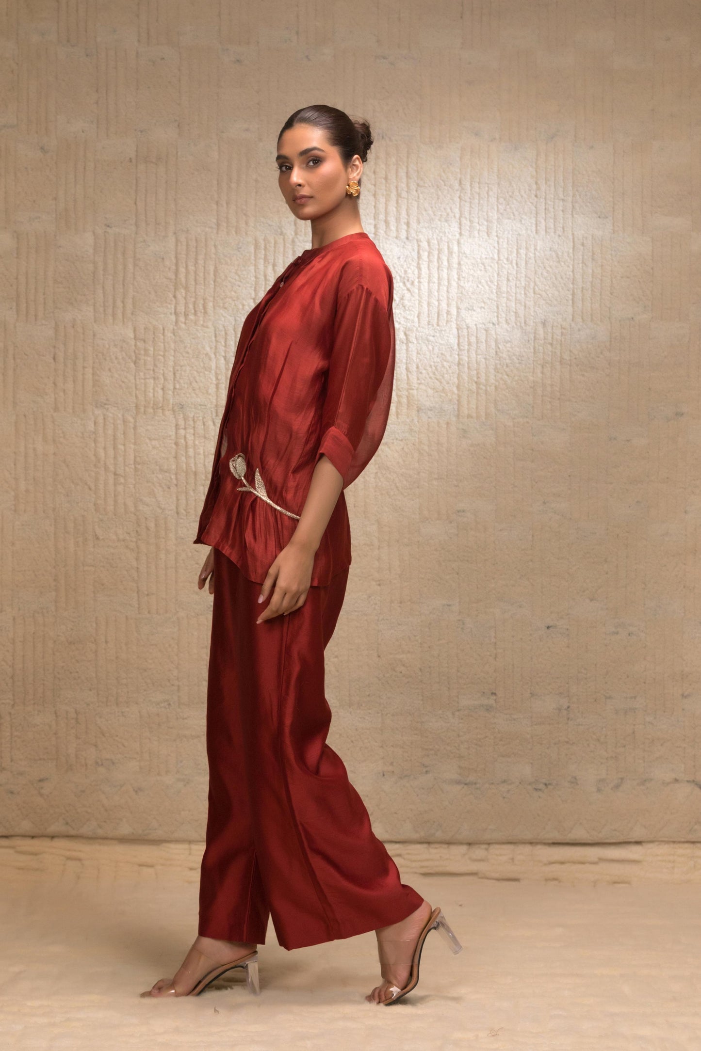 EEDA ZARDOZI TULIP COLLAR SILK SHIRTSET