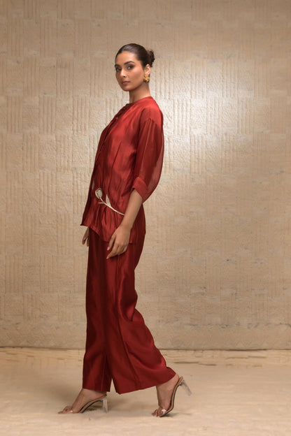 EEDA ZARDOZI TULIP COLLAR SILK SHIRTSET