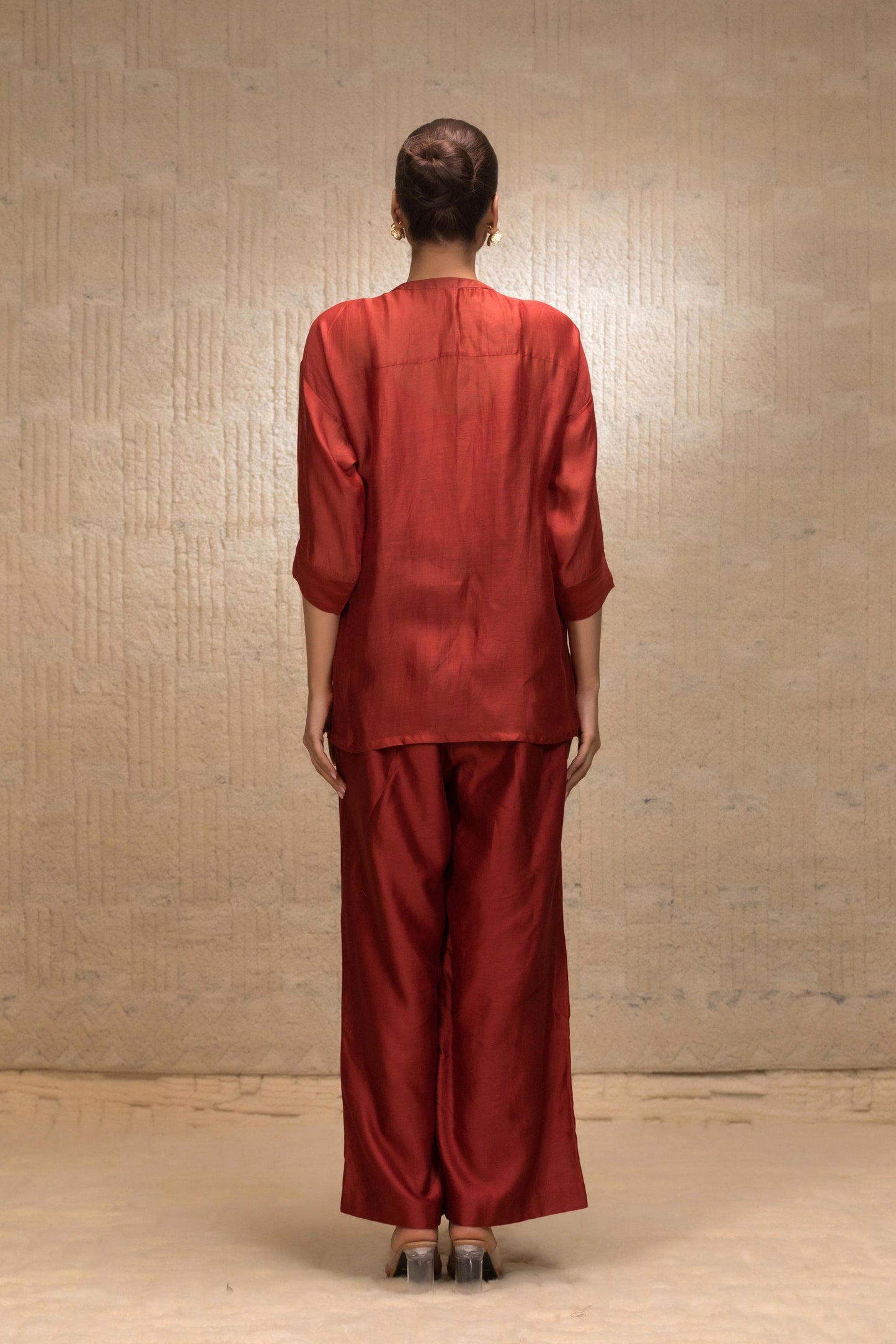 EEDA ZARDOZI TULIP COLLAR SILK SHIRTSET