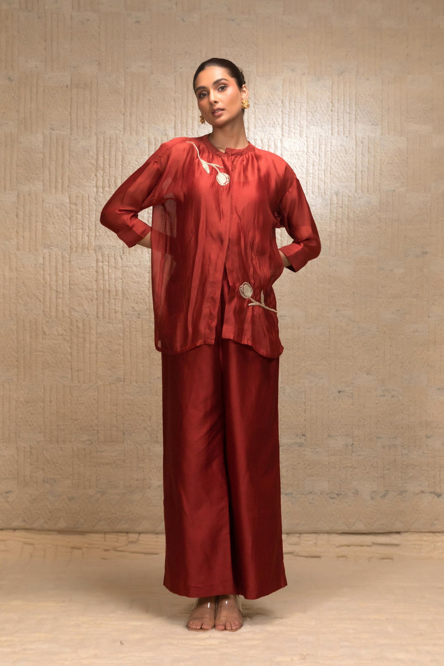 EEDA ZARDOZI TULIP COLLAR SILK SHIRTSET