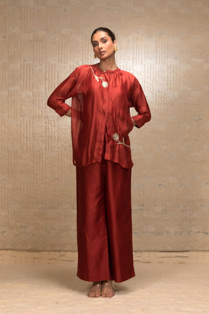 EEDA ZARDOZI TULIP COLLAR SILK SHIRTSET