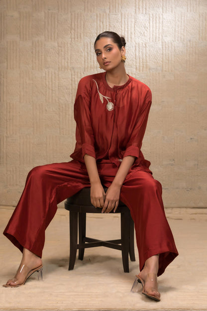 EEDA ZARDOZI TULIP COLLAR SILK SHIRTSET