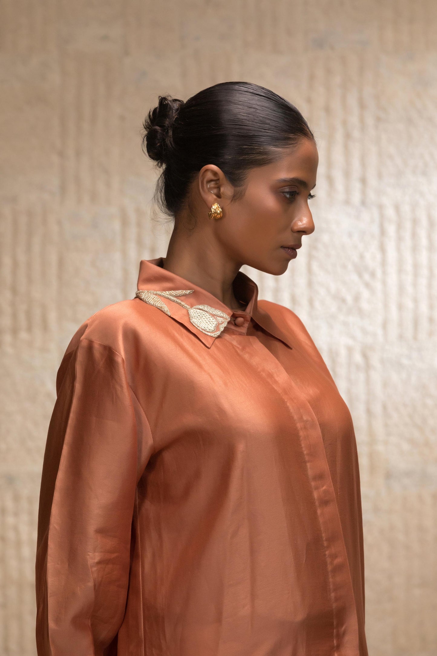 EEDA ZARDOZI TULIP COLLAR SILK SHIRT