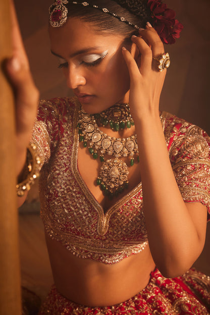 FROSTY RED HEAVILY EMBROIDERED LEHENGA