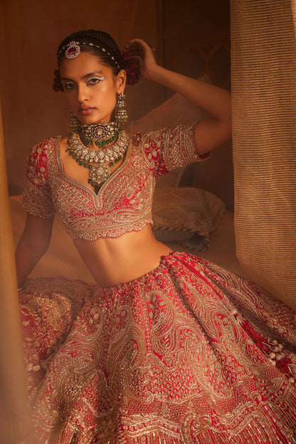 FROSTY RED HEAVILY EMBROIDERED LEHENGA