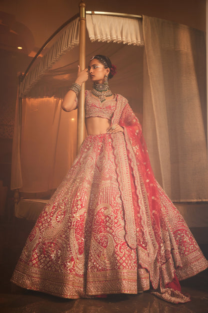 FROSTY RED HEAVILY EMBROIDERED LEHENGA