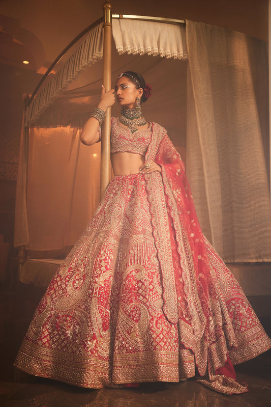 FROSTY RED HEAVILY EMBROIDERED LEHENGA