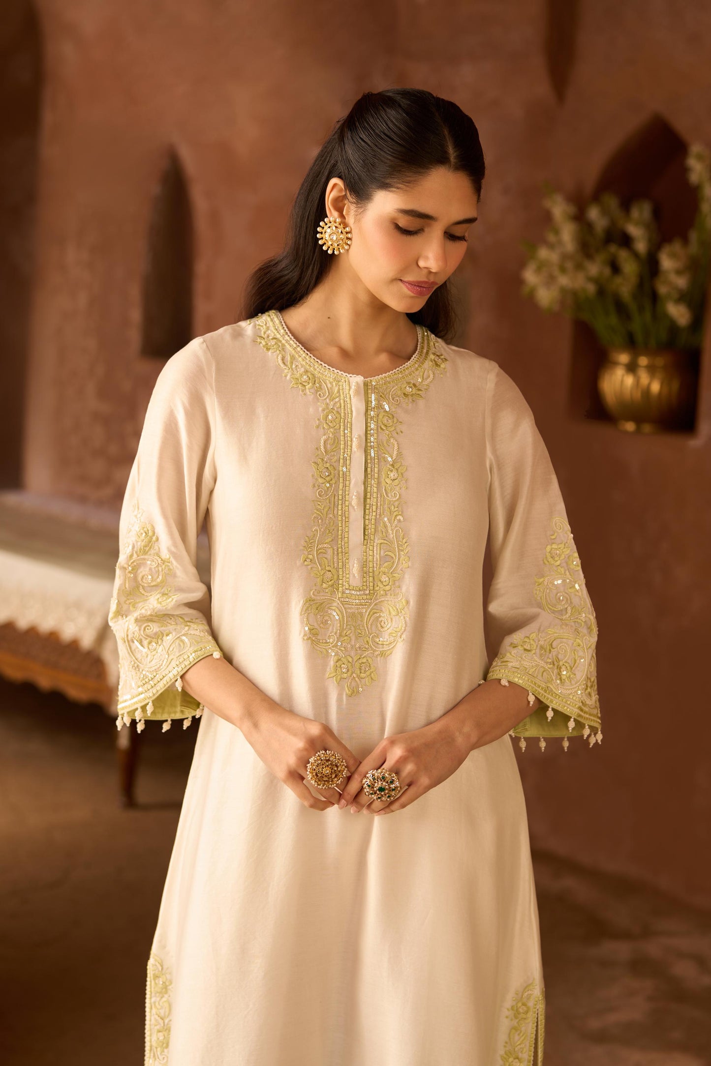 HANI - DAISY IVORY WITH MINT GREEN A-LINE KURTA WITH SALWAR AND DUPATTA