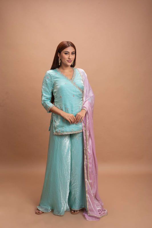 SEA BLUE & PINK FLARED PANT SET