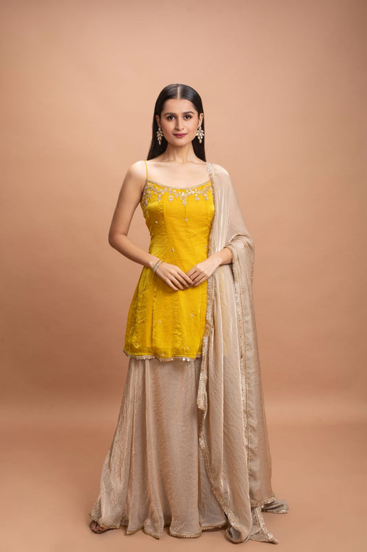 YELLOW & BEIGE FLARED PANT SET