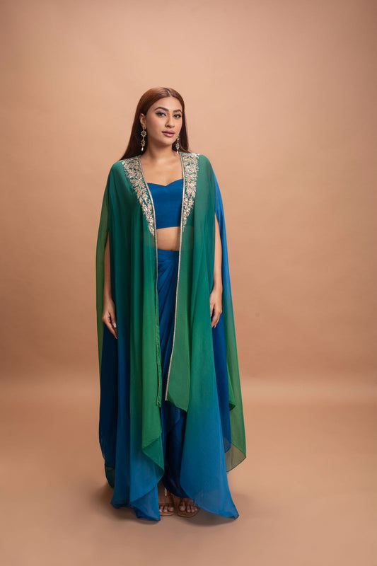 BLUE GREEN SHADED SKIRT SET