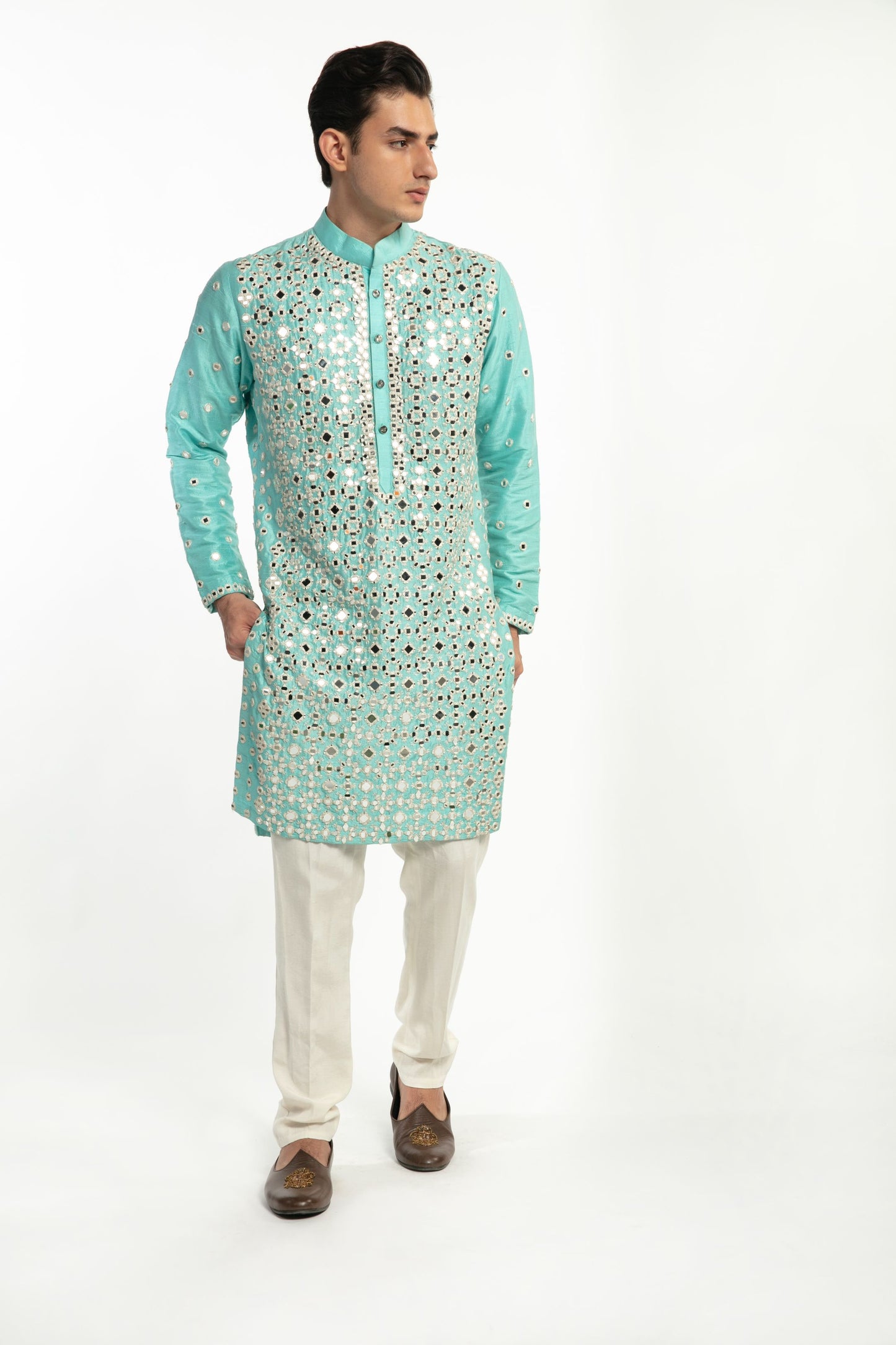 AQUA BLUE EMBELLISHED KURTA