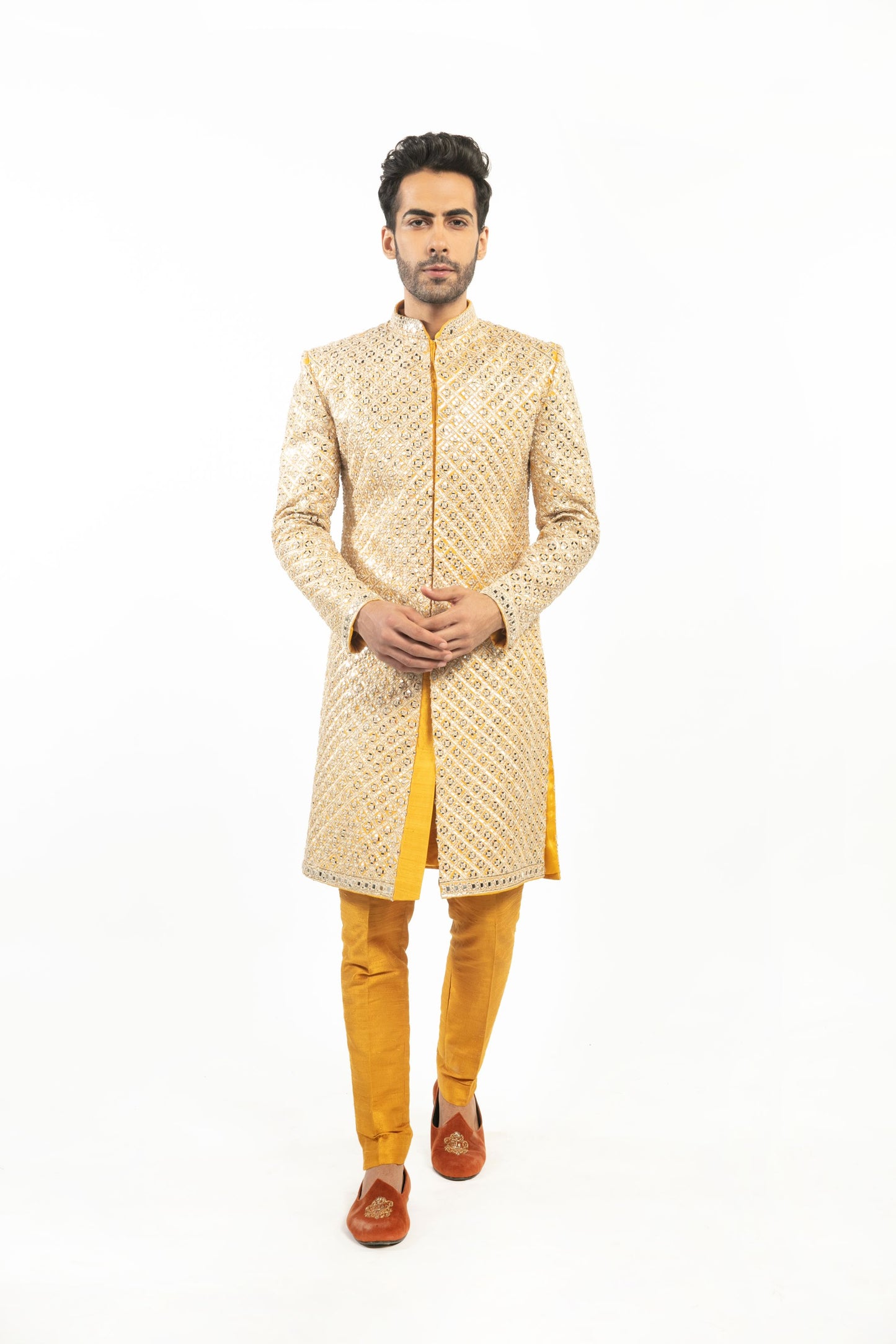 YELLOW EMBELLISHED SHERWANI SET