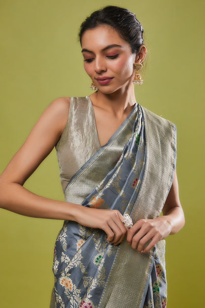 GREY KATAN SILK SAREE