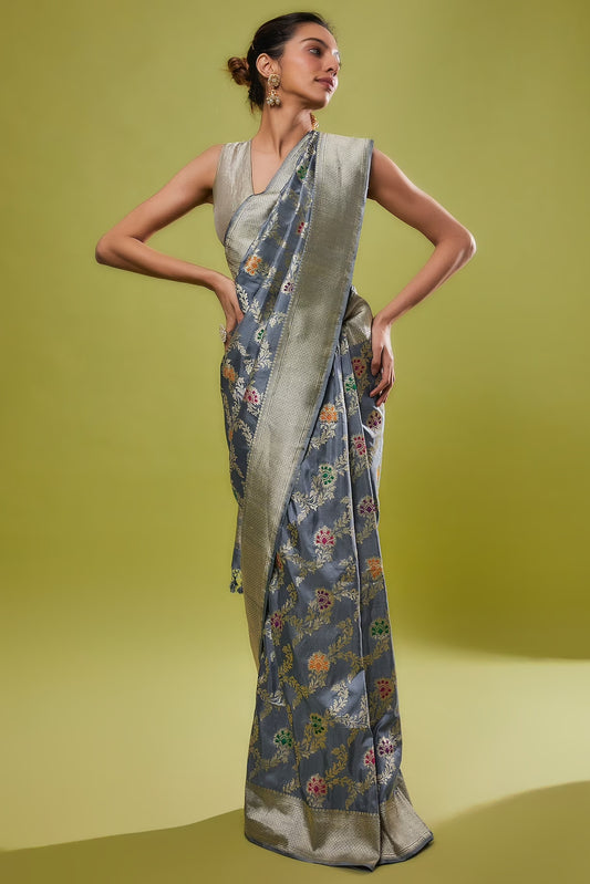 GREY KATAN SILK SAREE