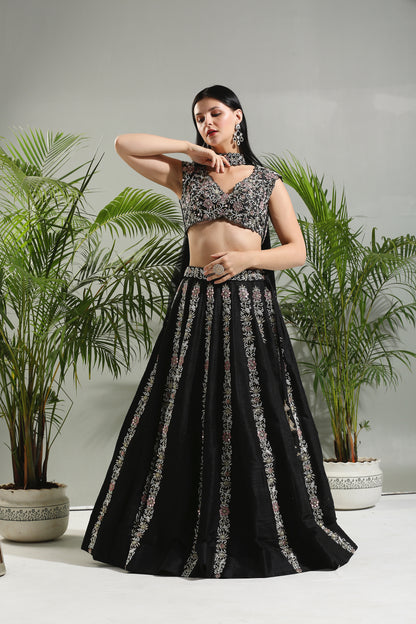 BLACK THREAD AND MIRROR HAND EMBROIDERED LEHENGA SET