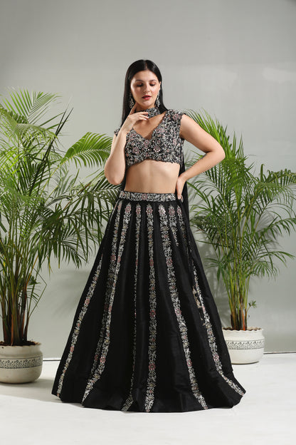 BLACK THREAD AND MIRROR HAND EMBROIDERED LEHENGA SET