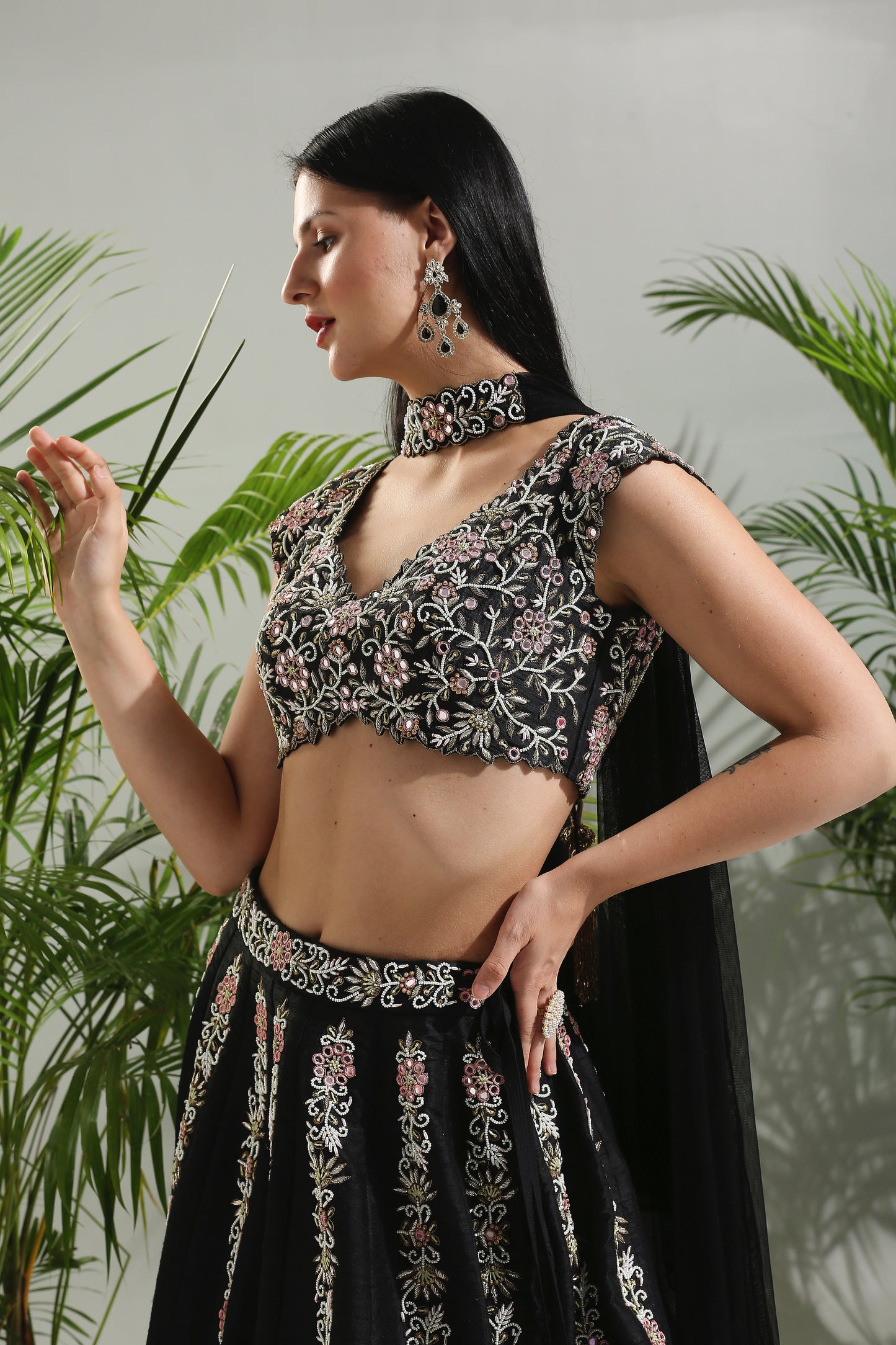 BLACK THREAD AND MIRROR HAND EMBROIDERED LEHENGA SET