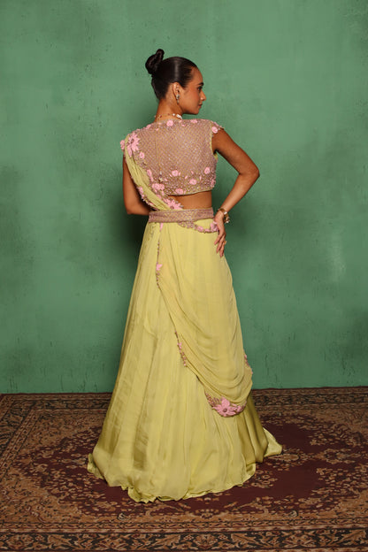 CUTWORK SUNFLOWER FEATHER LEHENGA