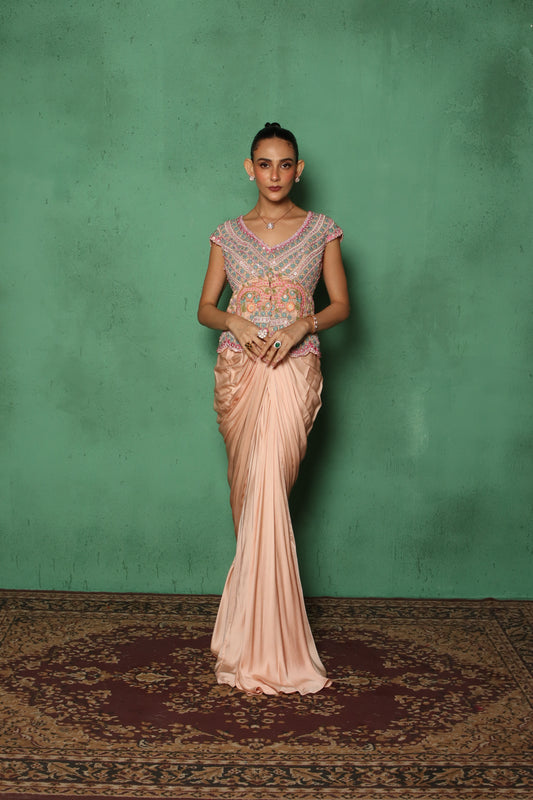 PEACH BEADED DRAPE JACKET SET