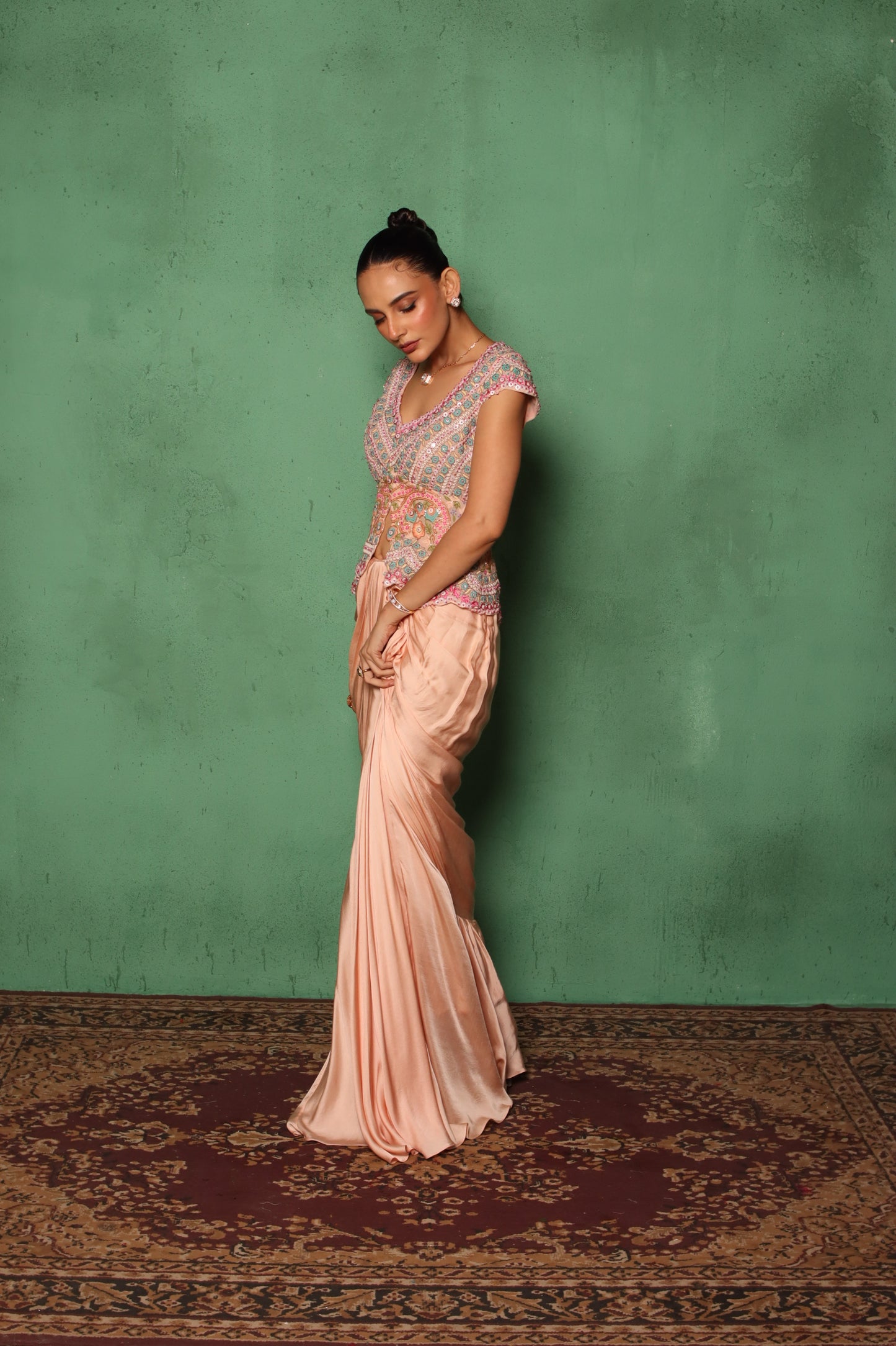 PEACH BEADED DRAPE JACKET SET