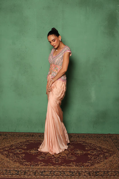 PEACH BEADED DRAPE JACKET SET