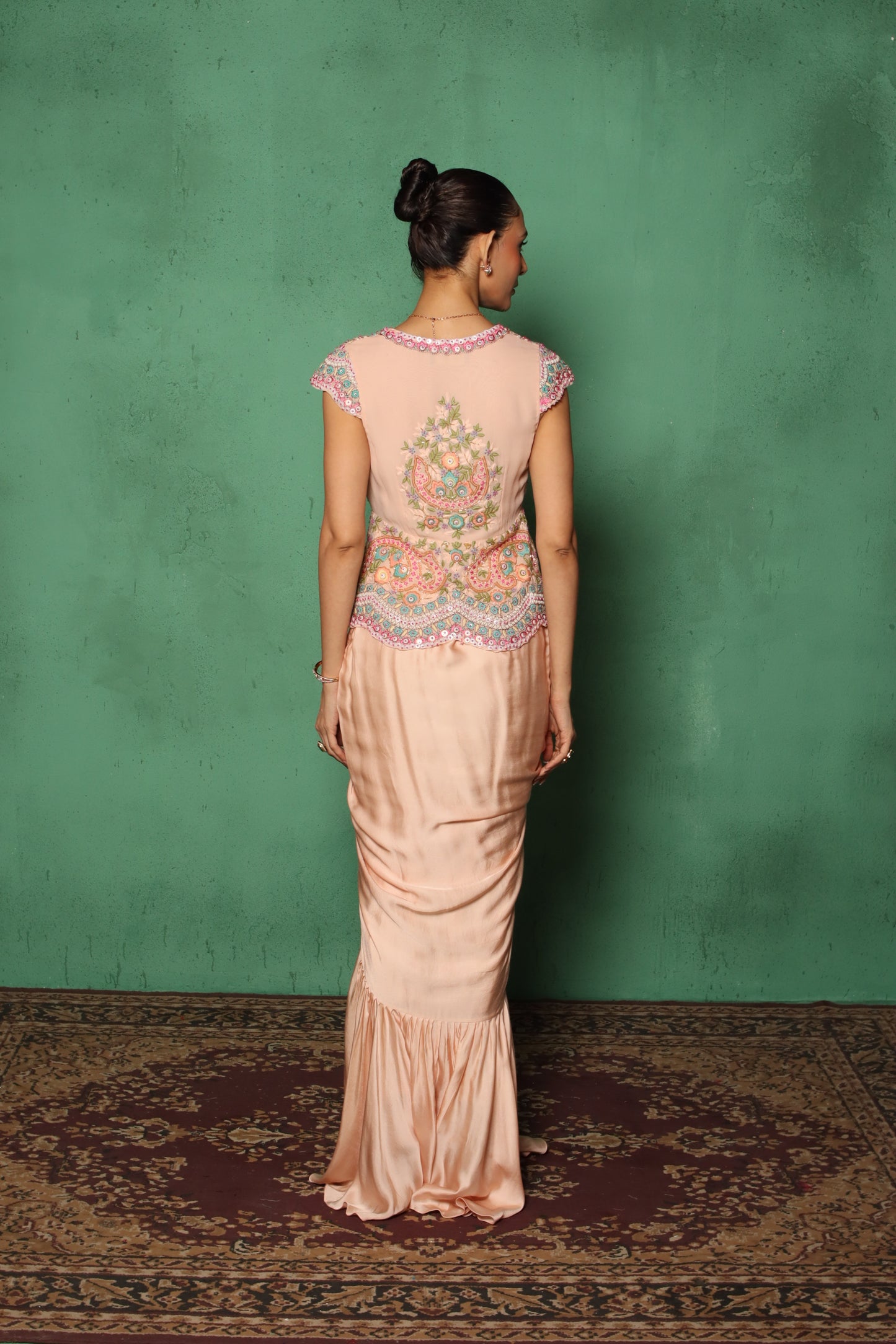 PEACH BEADED DRAPE JACKET SET