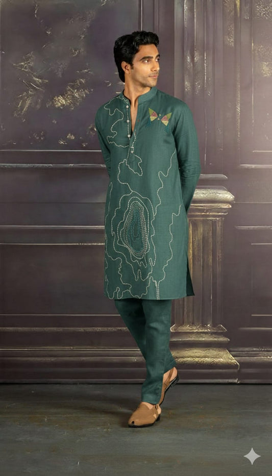 FOREST GREEN ABSTRACT EMBROIDERED KURTA