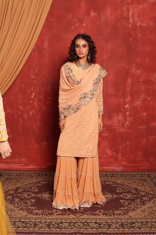 PEACH CHIKANKARI KURTA SET