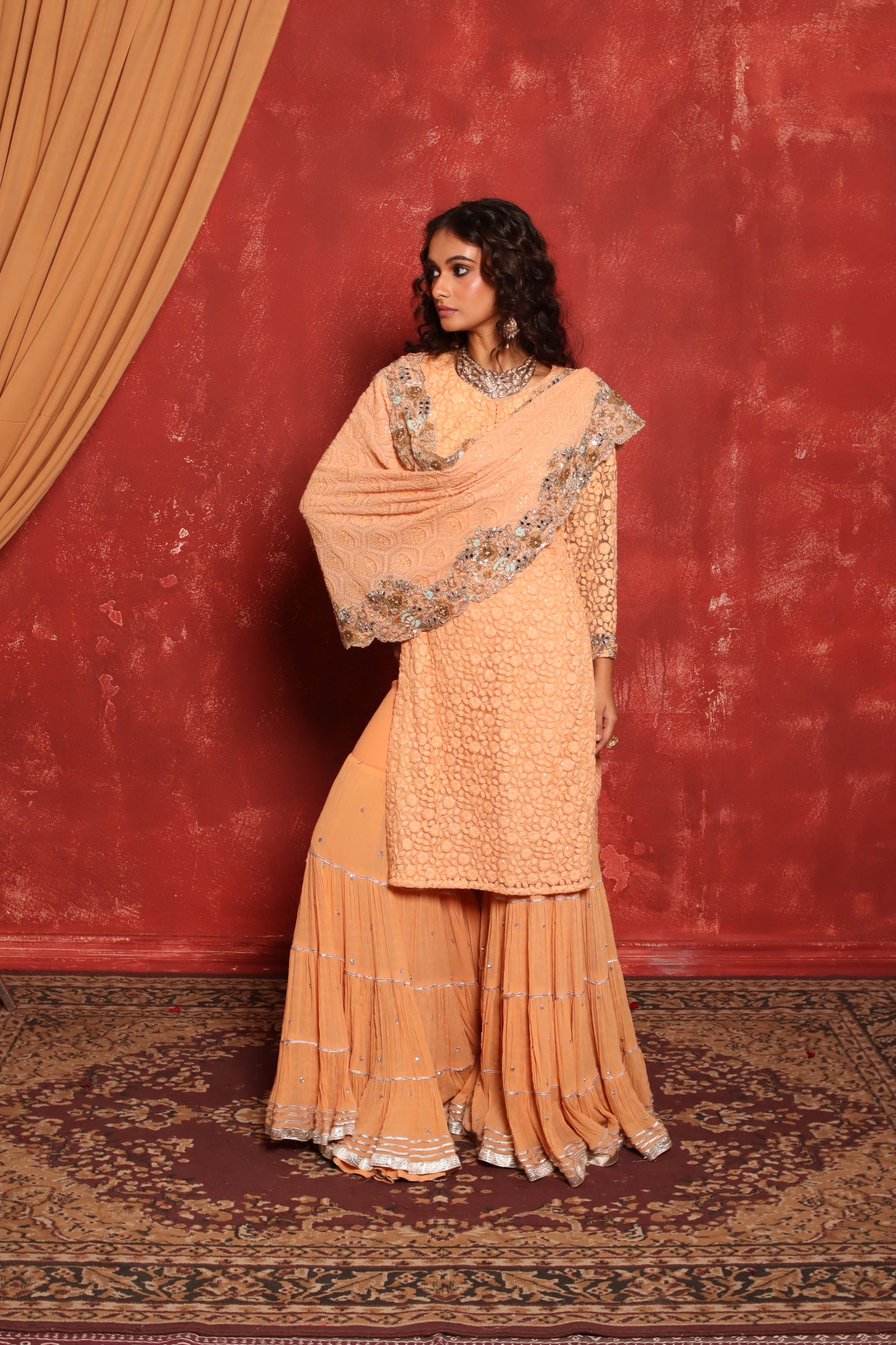 PEACH CHIKANKARI KURTA SET
