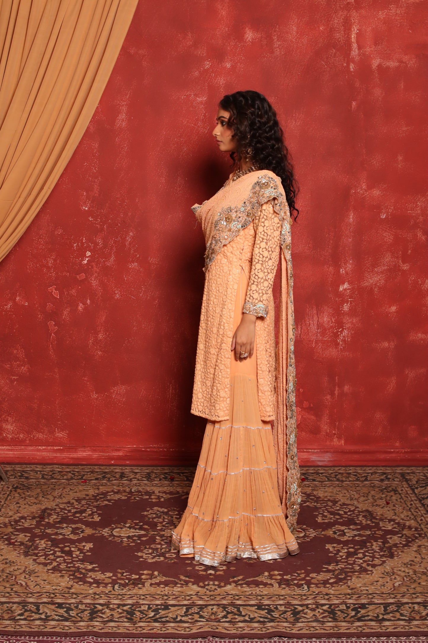 PEACH CHIKANKARI KURTA SET