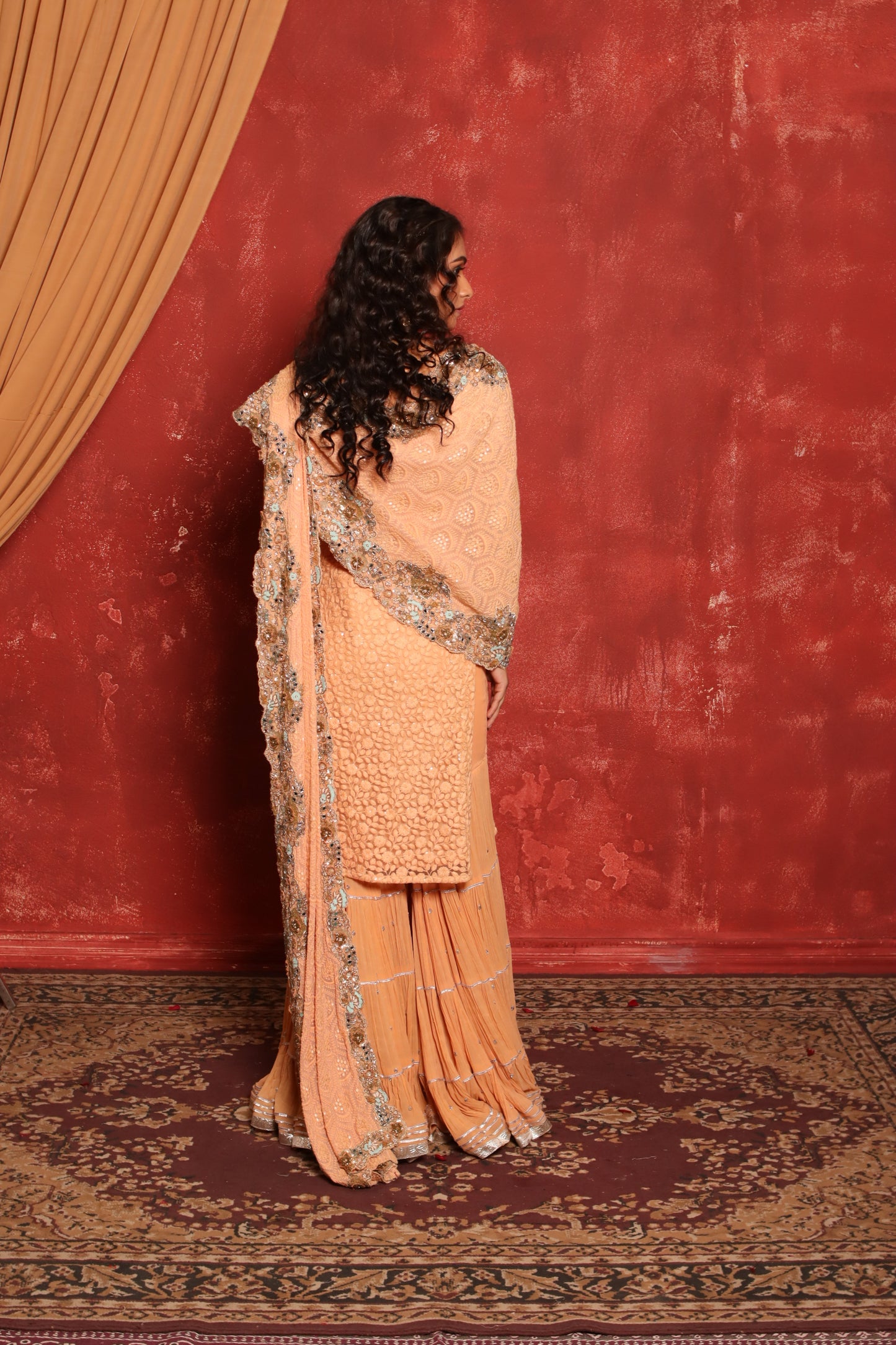 PEACH CHIKANKARI KURTA SET