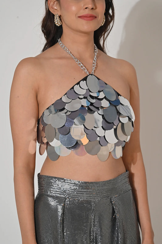 ISLA METALLIC SILVER SEQUIN HALTER CROP TOP
