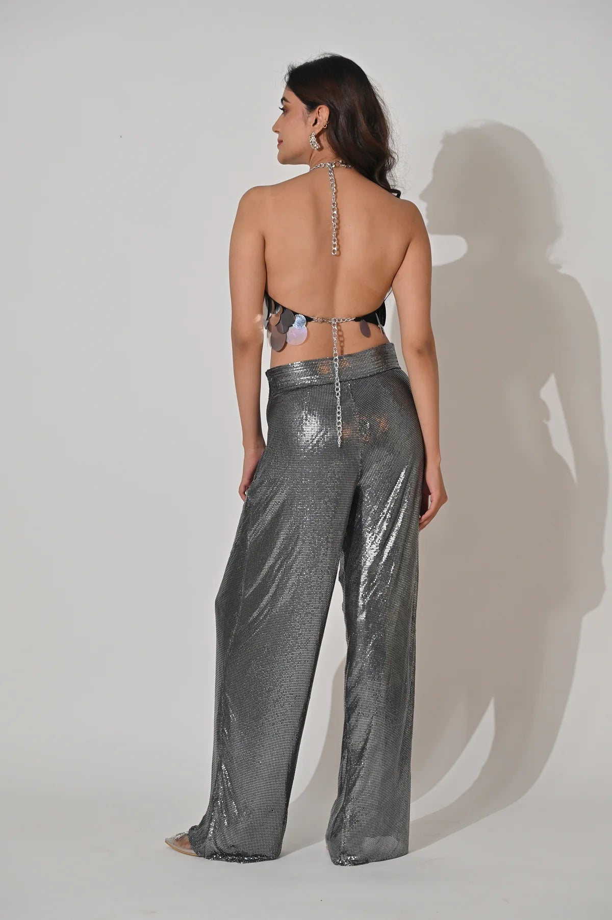 ISLA METALLIC SILVER SEQUIN HALTER CROP TOP