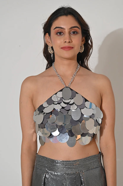 ISLA METALLIC SILVER SEQUIN HALTER CROP TOP