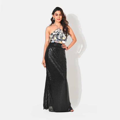 ISLA METALLIC SILVER SEQUIN HALTER CROP TOP