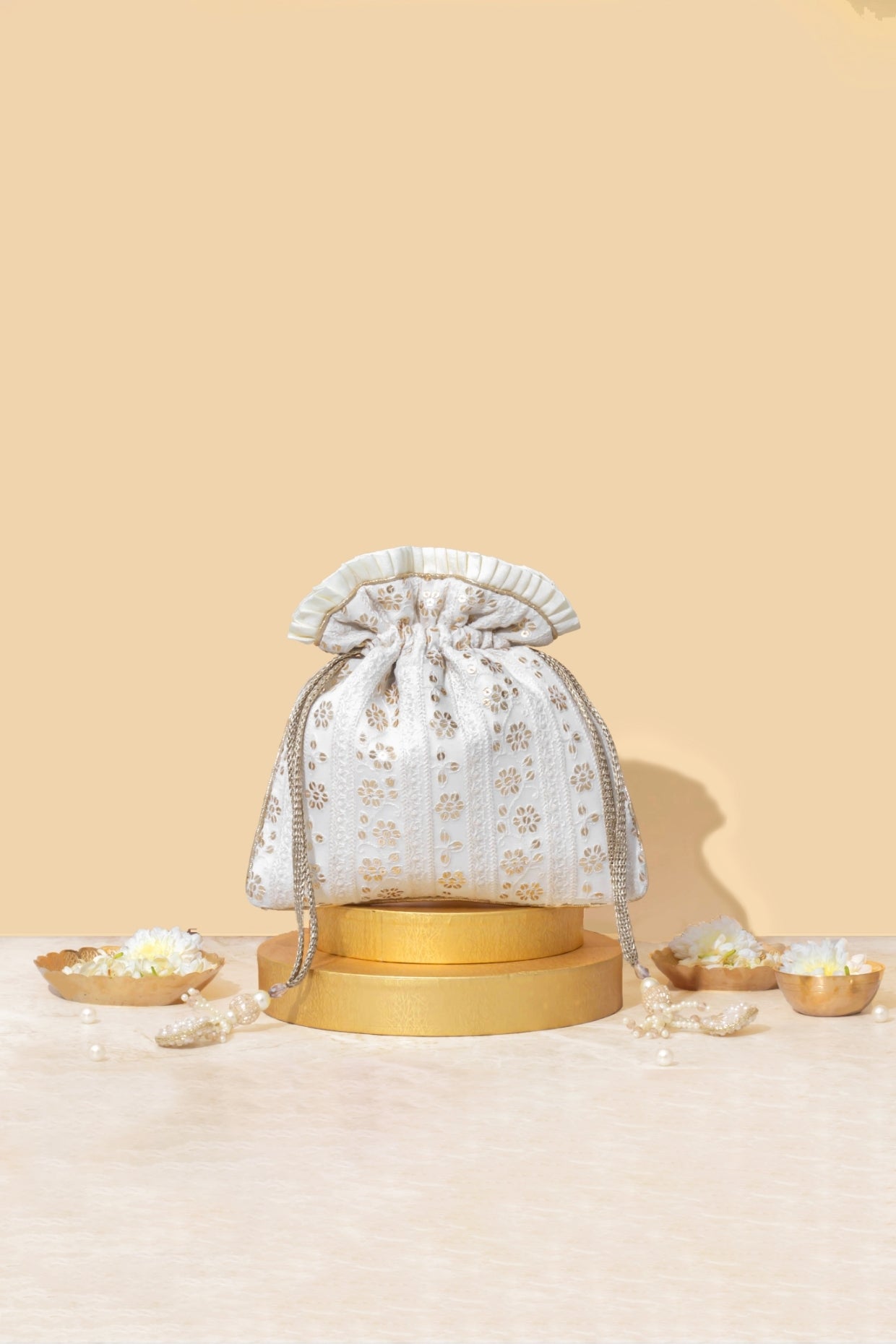 IRINA SEQUIN EMBROIDERED POTLI - OFF WHITE