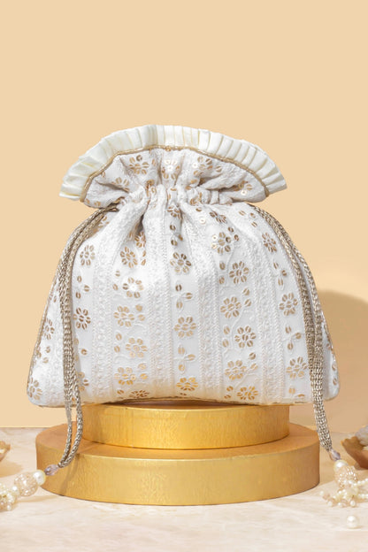 IRINA SEQUIN EMBROIDERED POTLI - OFF WHITE