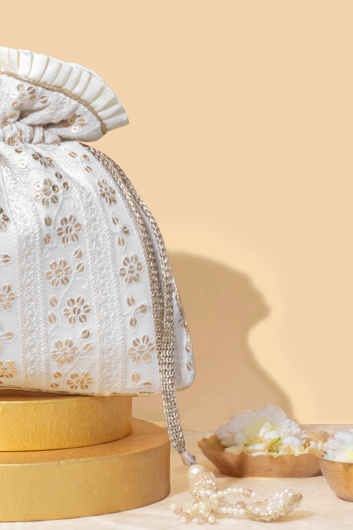 IRINA SEQUIN EMBROIDERED POTLI - OFF WHITE
