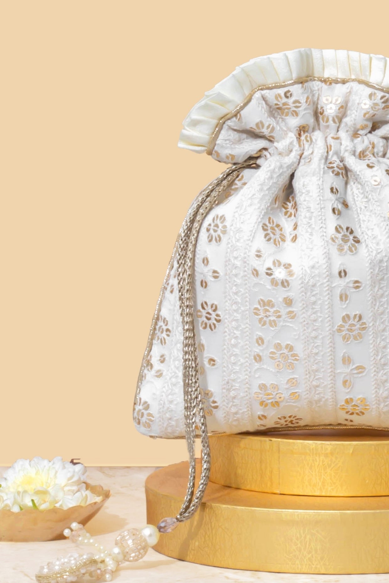 IRINA SEQUIN EMBROIDERED POTLI - OFF WHITE