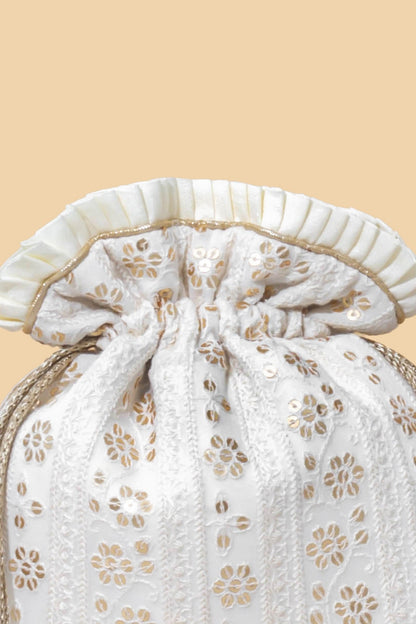 IRINA SEQUIN EMBROIDERED POTLI - OFF WHITE