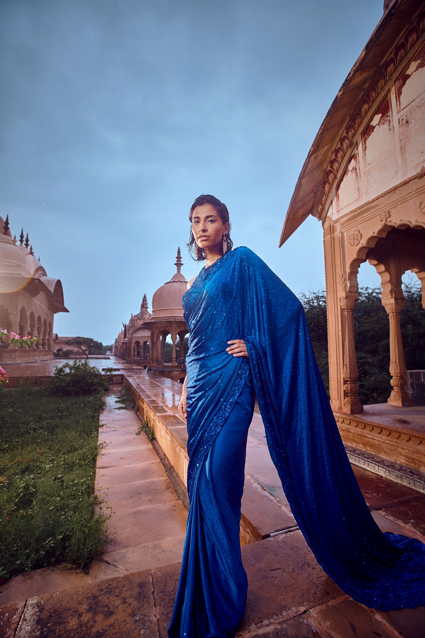 ROYAL BLUE SATIN SAREE SET