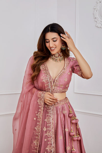 AURORA PINK CHANDERI LEHENGA SET