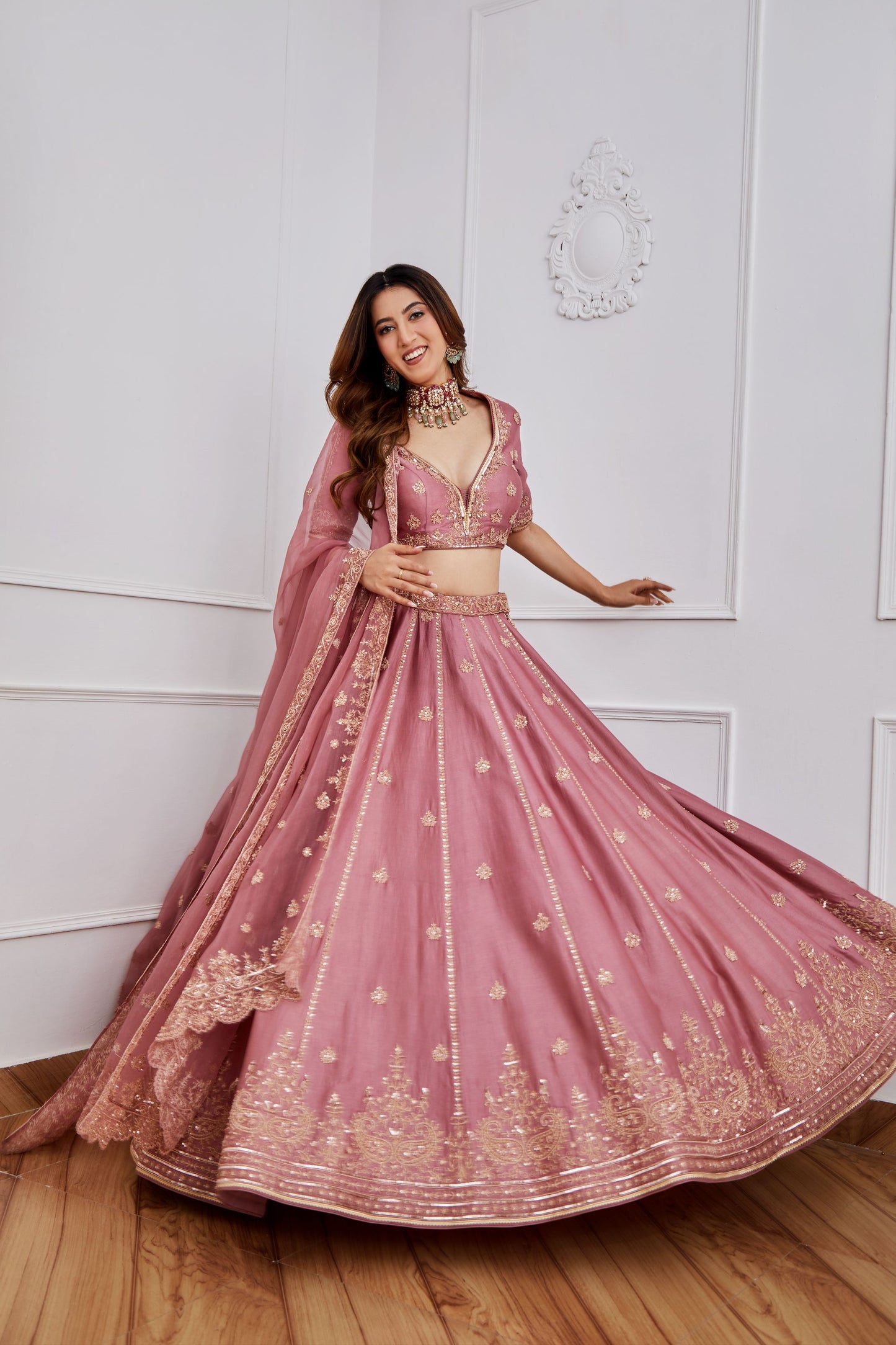 AURORA PINK CHANDERI LEHENGA SET