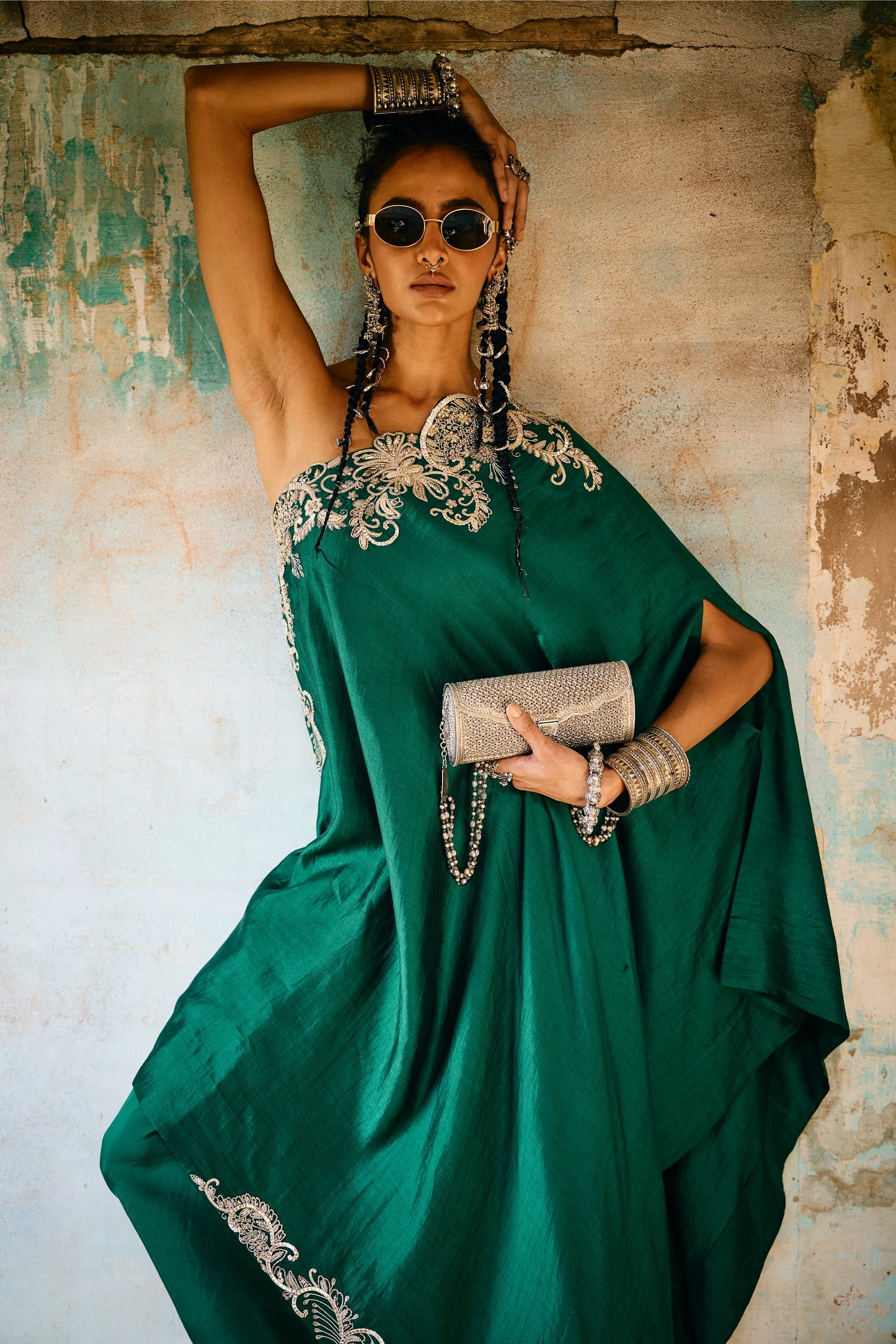 EMBROIDERED OFF SHOULDER CAPE WITH WRAP SKIRT