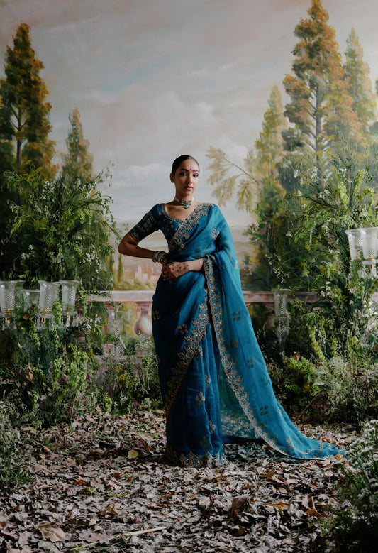 TEAL GREEN ORGANZA SAREE SET