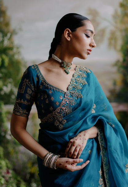 TEAL GREEN ORGANZA SAREE SET