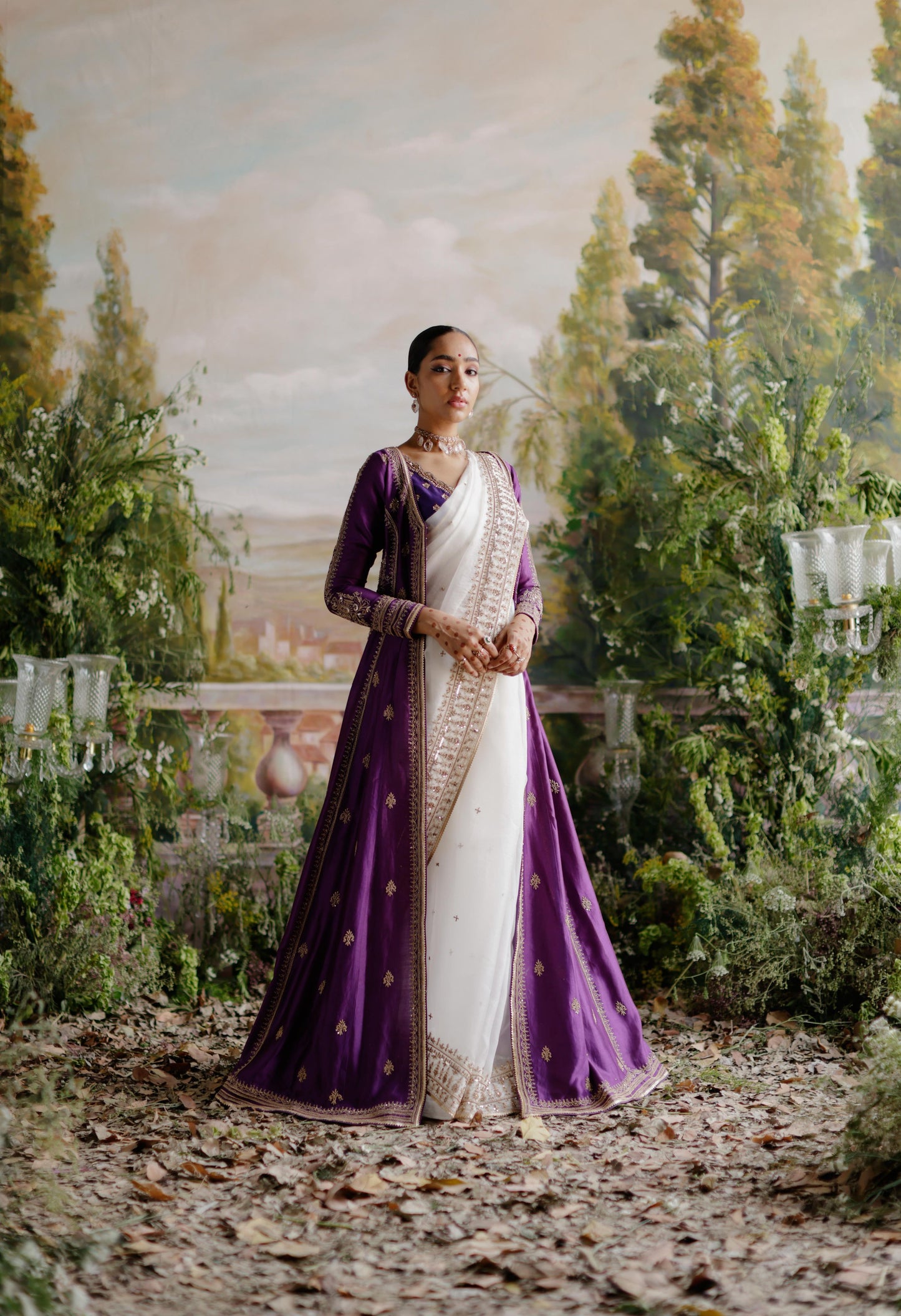 OFF WHITE SAREE WITH PURPLE JACKET SET