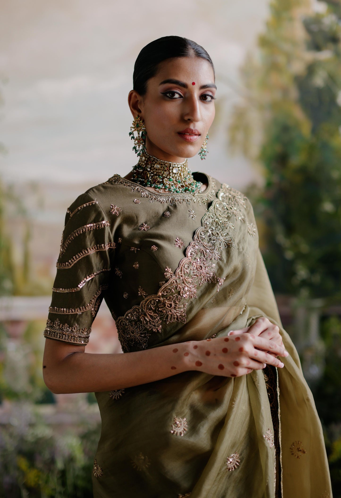 OLIVE GREEN SAREE SET